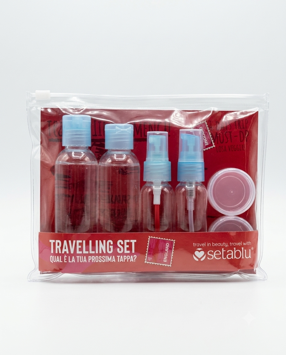 Setablu Travelling Set da 7 Pezzi – Kit Contenitori Vuoti da Viaggio per Aereo – Con Flaconi Spray, Lozione e Vasetti Crema in Bustina Trasparente