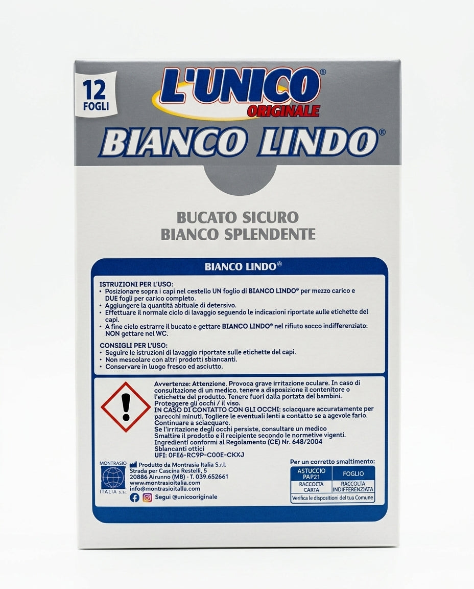 L’Unico Bianco Lindo 12 Foglietti | Additivo Sbiancante e Igienizzante | Azione Anti-Ingrigimento e Protezione Fibre | Per Capi Bianchi