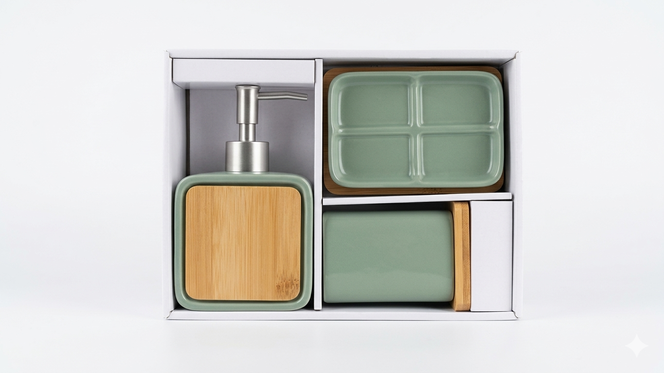 Kasaviva Set Bagno Square 3 Pezzi Shabby | Dosatore Sapone, Porta Spazzolini e Porta Saponetta | Ceramica e Legno di Bamboo | Design Moderno Eco-Chic | 3 Colori Disponibili