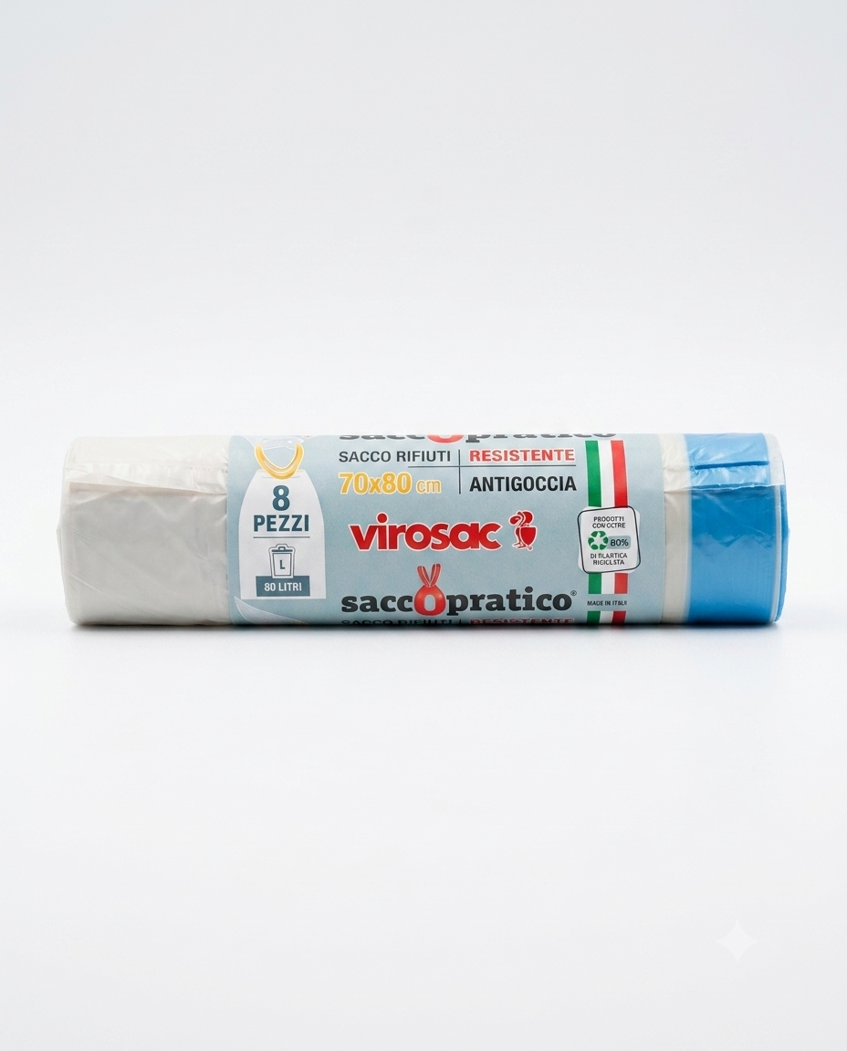 Virosac sacchi rifiuti 70x80cm 80 litri 8 pezzi resistenti con manici antigoccia sacchetti spazzatura