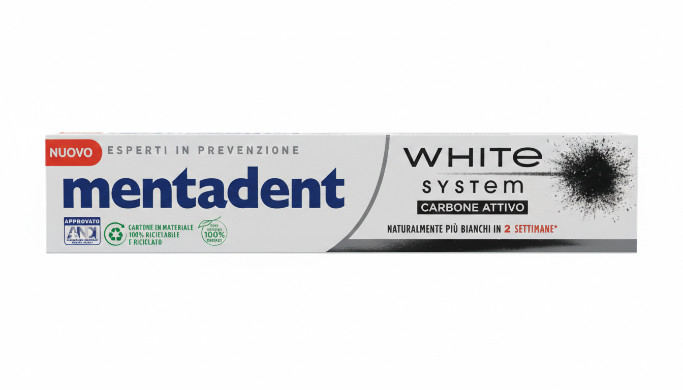 Mentadent White System Carbone Attivo 75ml – Dentifricio Sbiancante Naturale – Denti Più Bianchi in 2 Settimane – Pulizia Profonda con Polvere di Carbone