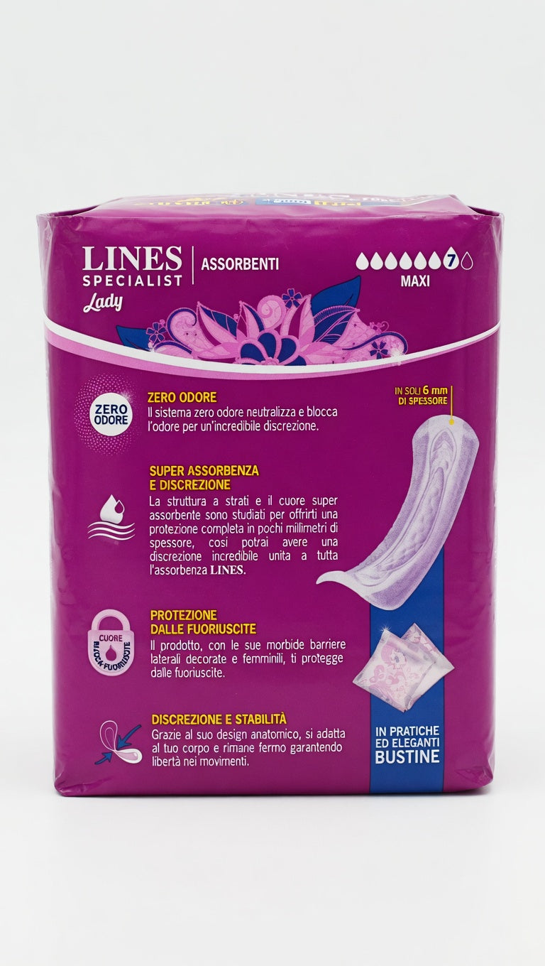 Lines Specialist Lady Maxi 12 Pezzi – Assorbenti Ultra Sottili per Incontinenza Elevata – Tecnologia Zero Odore e Protezione Avanzata – Comfort Invisibile