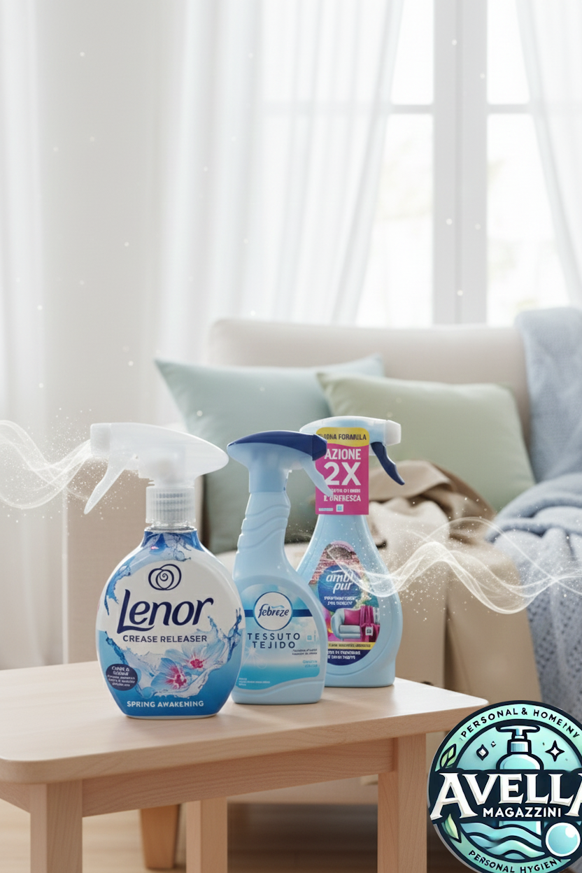 Spray elimina odori per tessuti Febreze e Ambi Pur su divano per rimuovere cattivi odori di cucina