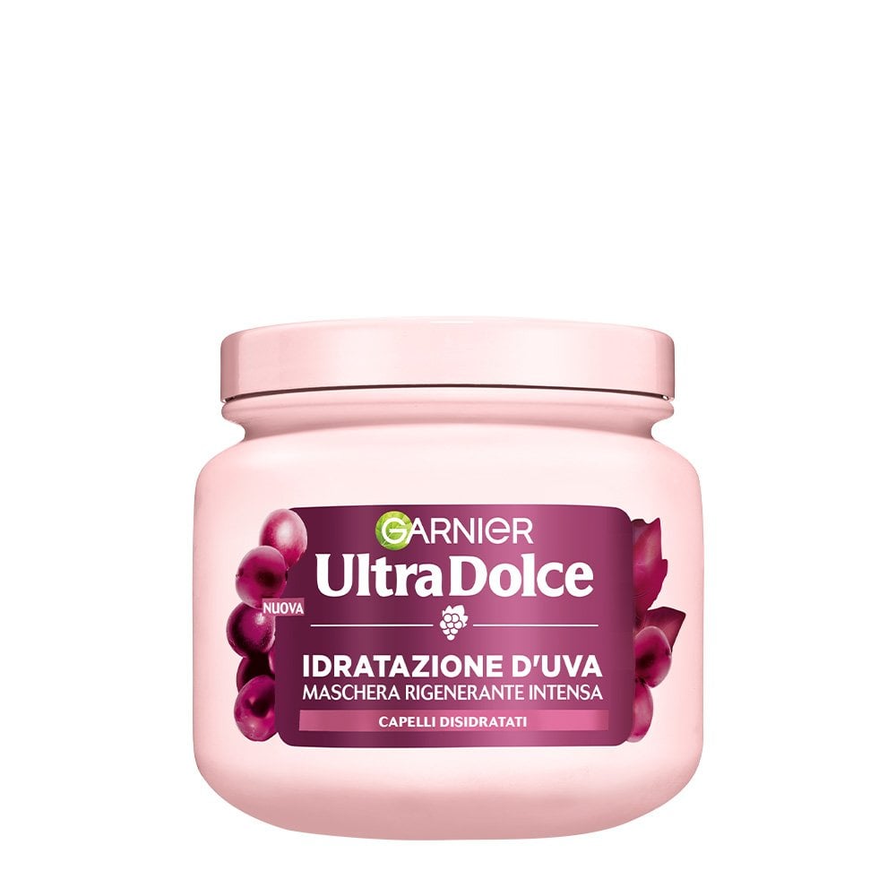 Garnier Ultra Dolce Maschera Idratazione d’Uva 340 ml con acqua d’uva e olio di vinaccioli per capelli secchi.