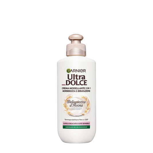Garnier Ultra Dolce Crema Modellante 2 in 1 Delicatezza d'Avena (200ml) – Ipoallergenica, Termoprotettore 230°C – Per Capelli Delicati e Cute Sensibile
