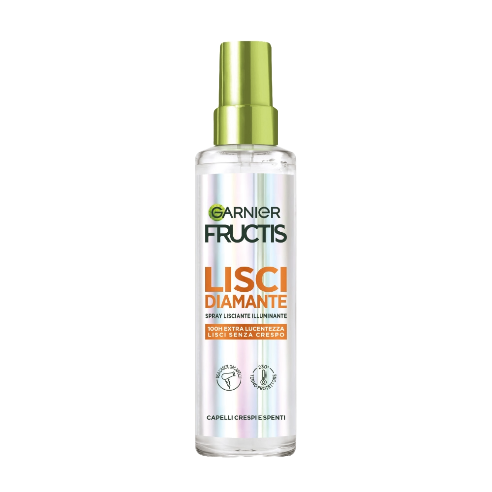 Garnier Fructis Lisci Cheratina Spray Lisci Diamante 150 ml, spray termoprotettore fino a 230°C con cheratina vegetale e olio d’argan, trattamento senza risciacquo anti-crespo fino a 72 ore, extra lucentezza effetto specchio fino a 100 ore, per capelli lisci e luminosi