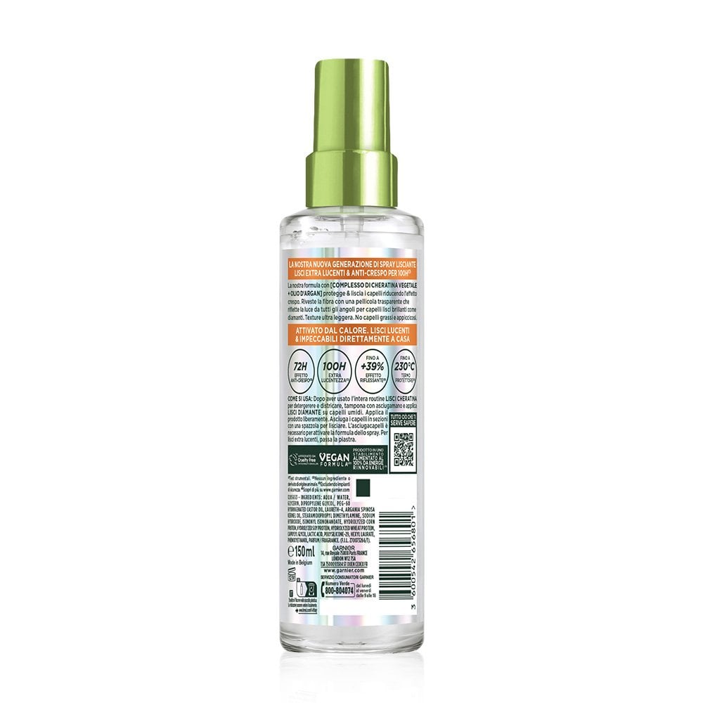 Garnier Fructis Lisci Cheratina Spray Lisci Diamante (150ml) – Termoprotettore 230°C con Cheratina Vegetale e Olio d'Argan – 100H Extra Lucentezza