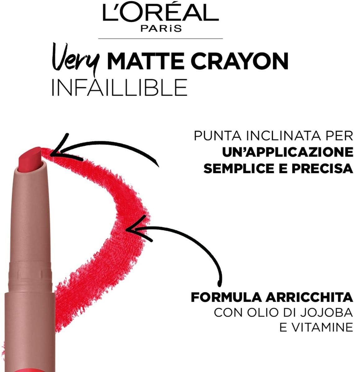 L'Oréal Paris Matte Crayon Rossetto Matitone – Finish Ultra Opaco e Comfort Estremo – Formula Waterproof No-Transfer con Olio di Jojoba e Vitamine per Labbra Definite 24H