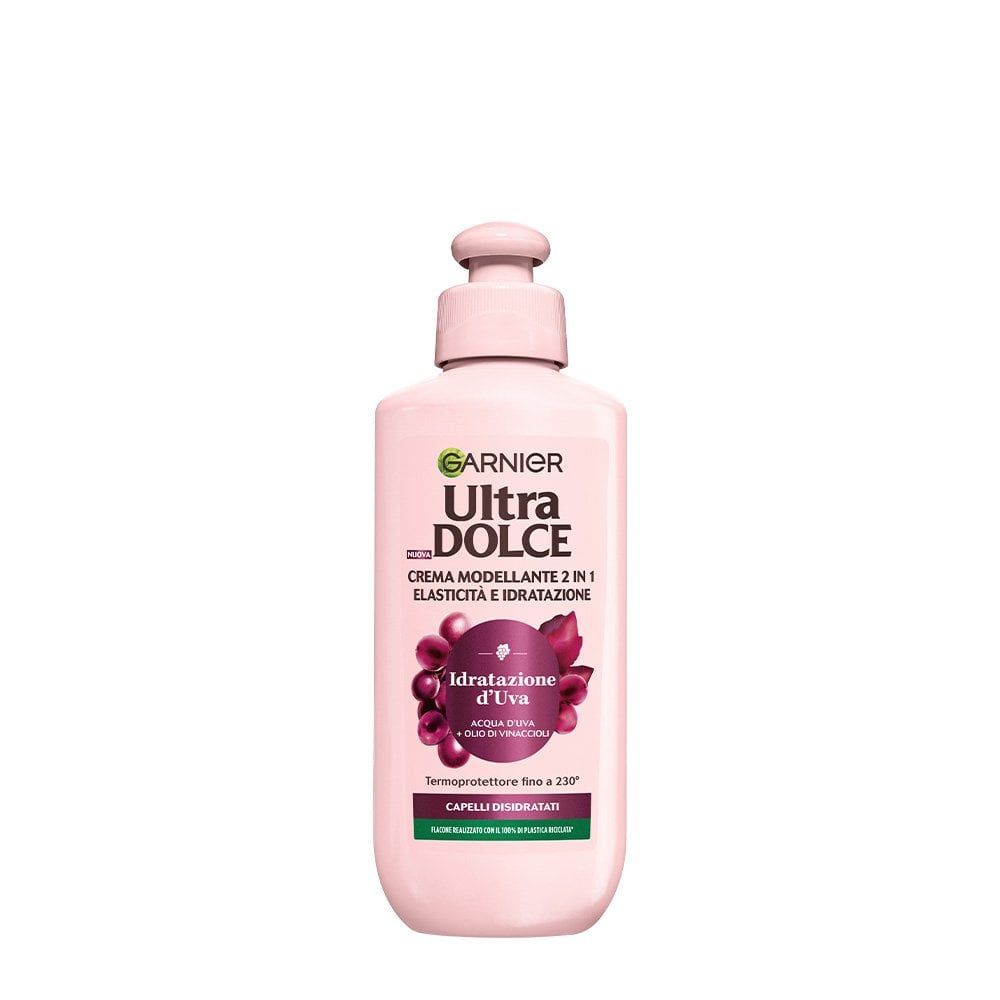 Garnier Ultra Dolce Crema Modellante 2 in 1 Idratazione d'Uva (200ml) – Elasticità e Termoprotezione fino a 230°C – Per Capelli Disidratati
