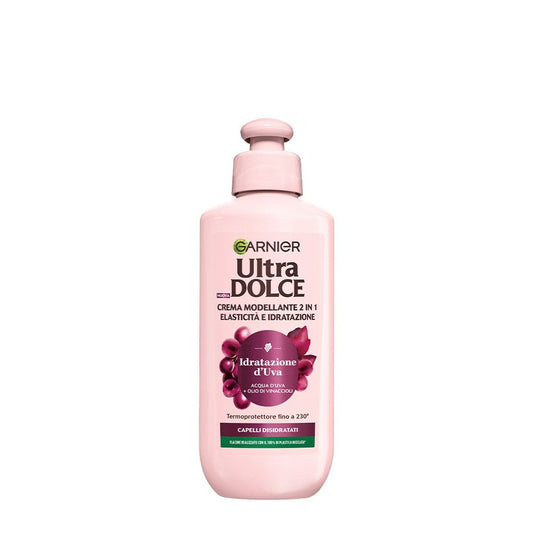 Garnier Ultra Dolce Crema Modellante 2 in 1 Idratazione d'Uva (200ml) – Elasticità e Termoprotezione fino a 230°C – Per Capelli Disidratati
