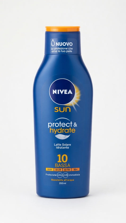 NIVEA SUN Protect & Hydrate SPF 10 Latte Solare 200ml | Protezione UVA/UVB Immediata e Idratazione Profonda | Resistente all'Acqua
