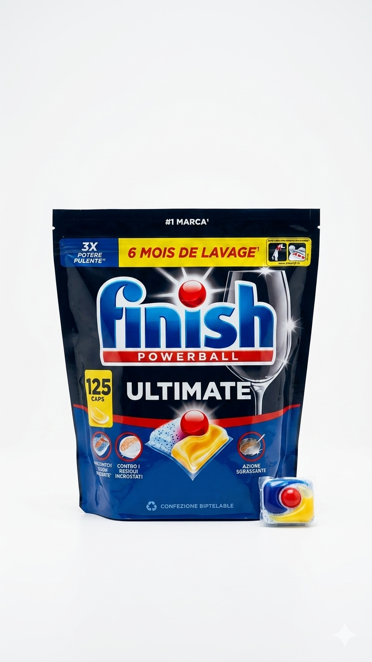 Finish Ultimate Powerball Limone 125 Caps | Maxi Formato 1625g | Azione Sgrassante e Brillantezza Profonda | Efficace nei Cicli Brevi ed Eco