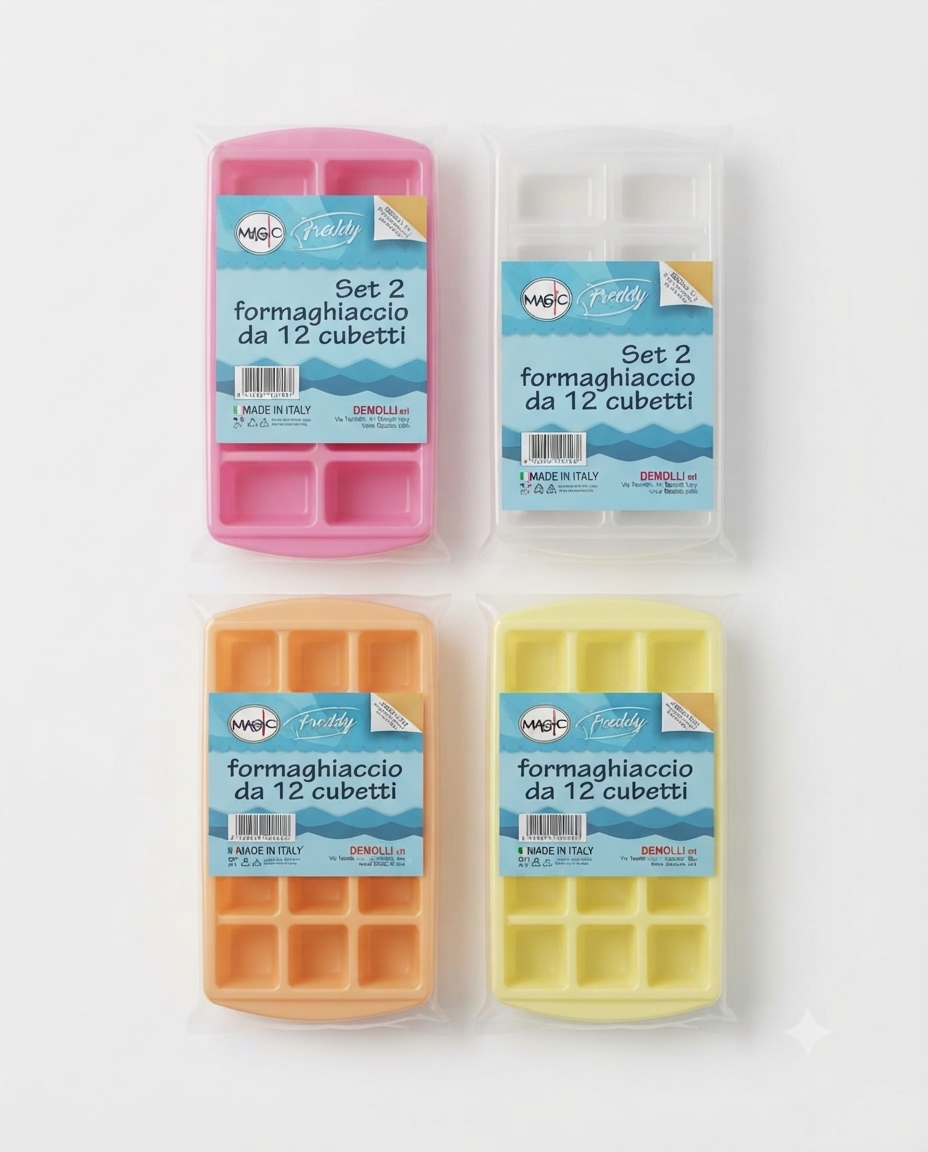 Demolli Magic Freddy Set 2 Formaghiaccio 12 Cubetti – Vaschette Ghiaccio Impilabili in Plastica Alimentare con Salvaspazio Freezer