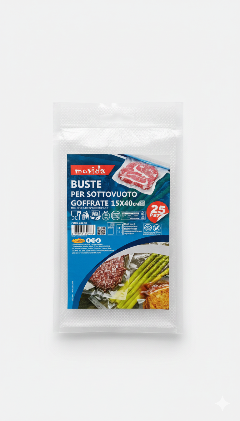 Movida Buste per Sottovuoto Goffrate Formato Lungo 15x40 cm | Set 25 Pezzi | Ideali per Pesce, Asparagi e Insaccati | Alta Resistenza