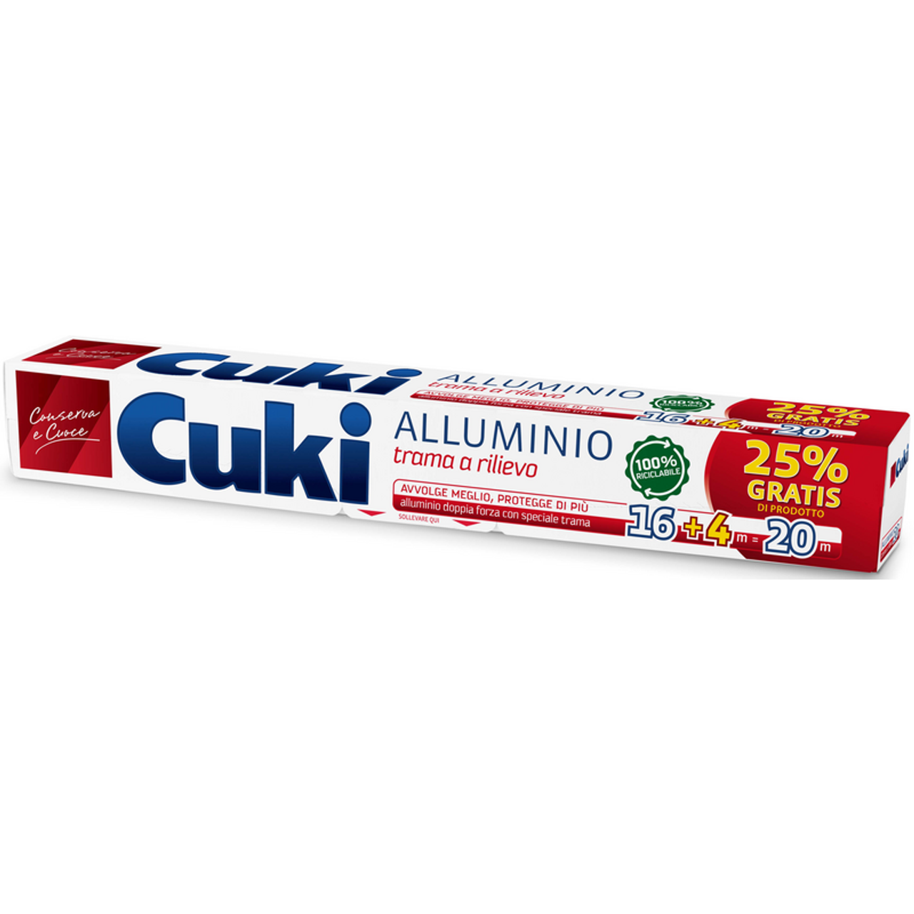 Cuki Alluminio Trama a Rilievo Doppia Forza | Rotolo 16+4 Metri (25% Gratis) | Super Resistente e Avvolgente | Per Cottura, Frigo e Congelatore