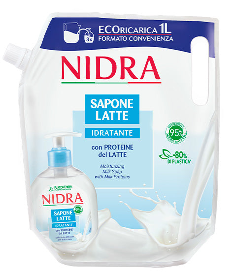 Nidra Eco-Ricarica Saponelatte 1000ml | Proteine del Latte 100% Naturali | Formato Convenienza 1 Litro | Idratante o Igienizzante Antibatterico