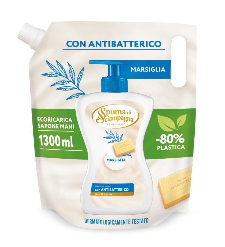 Spuma di Sciampagna Ecoricarica Sapone Mani 1300ml | Con Antibatterico Naturale | 4 Varianti | -80% Plastica
