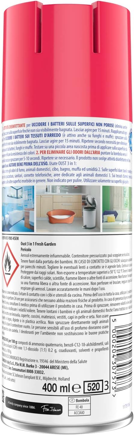 Oust 3 in 1 Spray Disinfettante Fresh Garden 400ml – Presidio Medico Chirurgico Elimina Odori e Batteri da Superfici e Tessuti