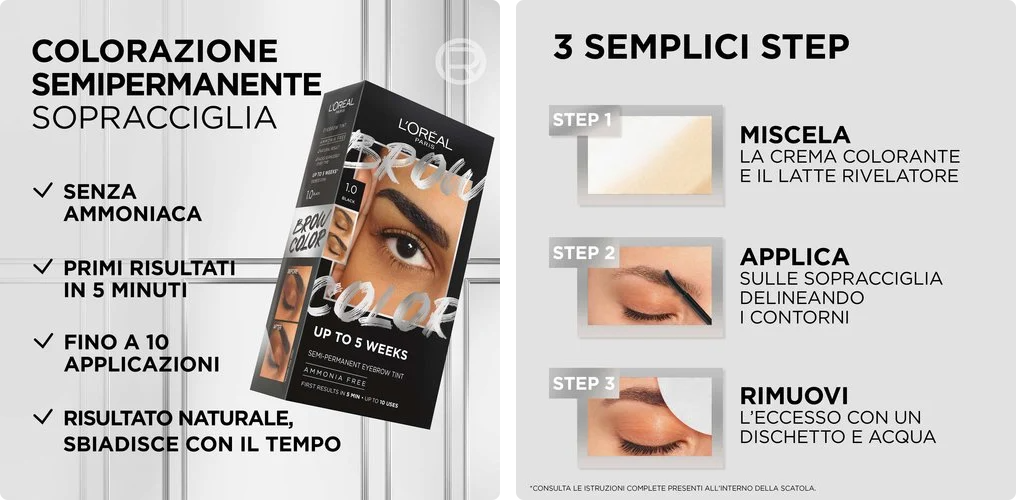 L'Oréal Paris Brow Color Tinta Semipermanente per Sopracciglia Senza Ammoniaca – Risultato Naturale, Copertura Sopracciglia Bianche e Durata Fino a 5 Settimane