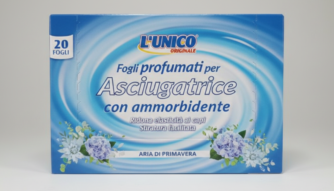 L'Unico Originale Fogli Profumati per Asciugatrice 20 pz | Azione Ammorbidente e Antistatica | Fragranza Aria di Primavera | Formato Maxi 20x30 cm