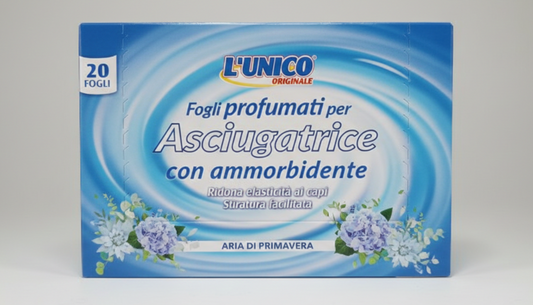 L'Unico Originale Fogli Profumati per Asciugatrice 20 pz | Azione Ammorbidente e Antistatica | Fragranza Aria di Primavera | Formato Maxi 20x30 cm