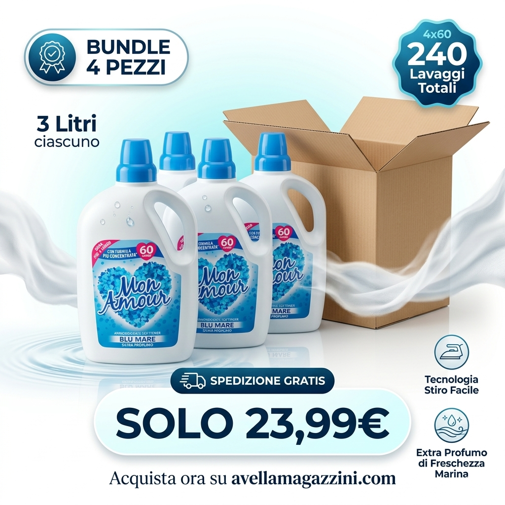Mon Amour Ammorbidente Concentrato Blu Mare BUNDLE MEGA OFFERTA 4X 3 Litri | 60 Lavaggi | Tecnologia Stiro Facile | Extra Profumo di Freschezza Marina | Formato Maxi Convenienza