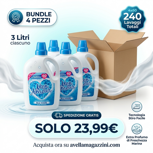 Mon Amour Ammorbidente Concentrato Blu Mare BUNDLE MEGA OFFERTA 4X 3 Litri | 60 Lavaggi | Tecnologia Stiro Facile | Extra Profumo di Freschezza Marina | Formato Maxi Convenienza