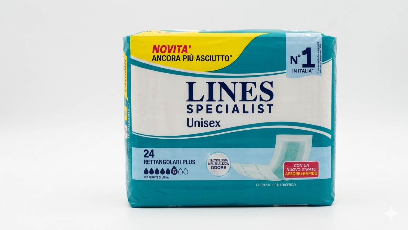 Lines Specialist Unisex 24 Rettangolari Plus | Assorbenti 6 Gocce per Perdite di Urina | Tecnologia Neutralizza Odore e Strato Assorbi-Rapido