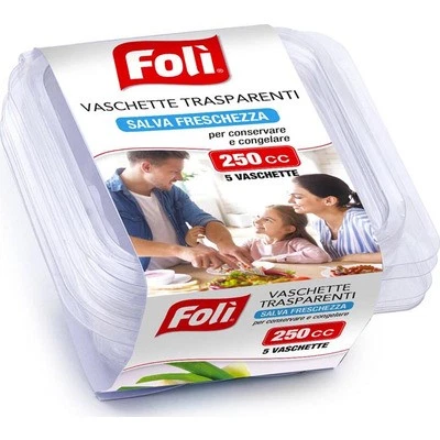 Foli Set 5 Contenitori Salvafreschezza in PET con Coperchio | Varie Misure 250-1000cc | Trasparenti e Impilabili