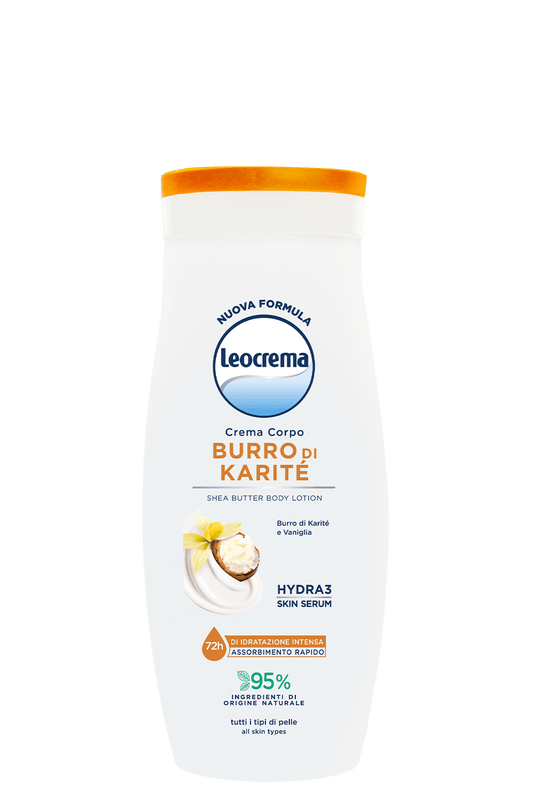 Leocrema Crema Corpo al Burro di Karité e Vaniglia 250ml | 72h di Idratazione Intensa | Formula 95% Origine Naturale con Hydra 3 Skin Serum | Per Tutti i Tipi di Pelle