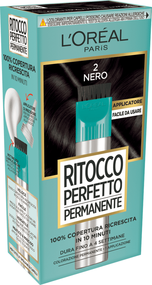 Colorazione Ritocco Perfetto Permanente Nero 2 per capelli, kit ritocco ricrescita con copertura permanente del 100% dei capelli bianchi in 10 minuti, applicatore con pettine e beccuccio per un'applicazione precisa sulle radici e sulla ricrescita.
