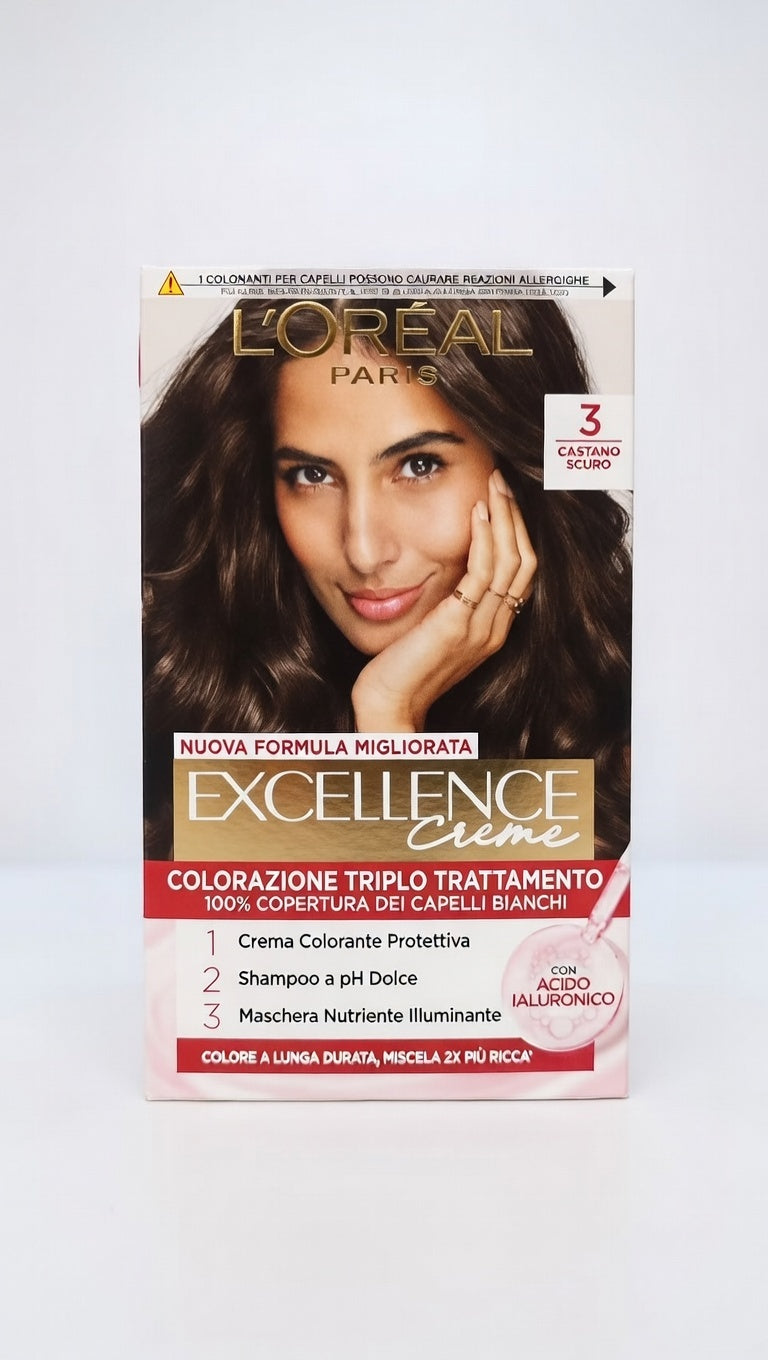 L'Oréal Paris Excellence Crème – Colorazione Permanente Triplo Trattamento con Acido Ialuronico – 100% Copertura Capelli Bianchi