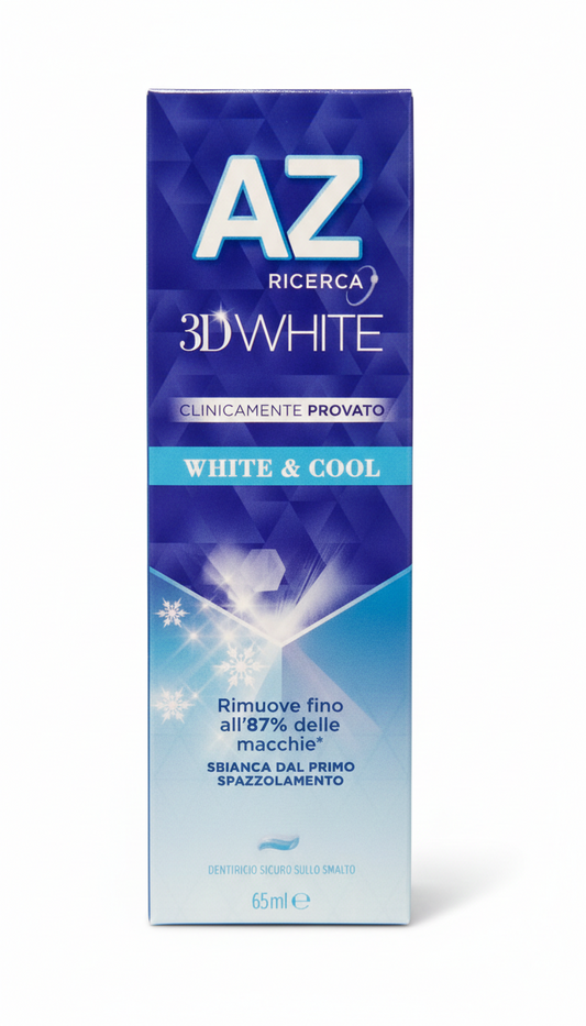 AZ 3D White White & Cool Dentifricio Sbiancante Menta Polare 65ml – Rimuove fino all'87% delle Macchie Superficiali e Fortifica lo Smalto con Fluoruro di Sodio
