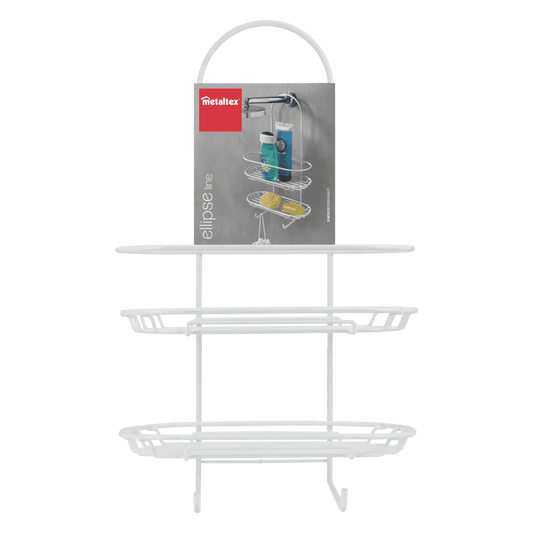 Metaltex Ellipse Line Supporto Doccia XL 2 Piani | Portaoggetti Bagno Largo con Gancio Appendibile | Rivestimento Antiruggine LDPE | Bianco | 27x13x45 cm