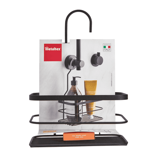 Metaltex Origin LAVA Supporto Doccia 1 Ripiano | Cestello Portaoggetti Nero Opaco | Rivestimento Touch-Therm Antiruggine | Sistema Appendibile Senza Fori con Ventosa | Made in Italy | 20x12x29 cm