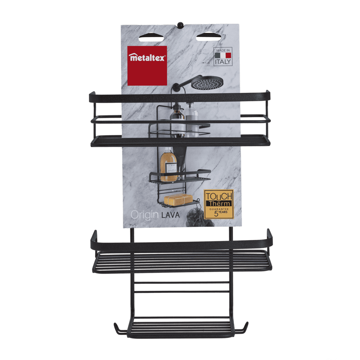 Metaltex Origin LAVA Supporto Doccia 3 Ripiani | Portaoggetti Bagno Nero Opaco | Rivestimento Touch-Therm Antiruggine | Gancio Girevole ed Estraibile | Made in Italy | 23x12x38/47 cm