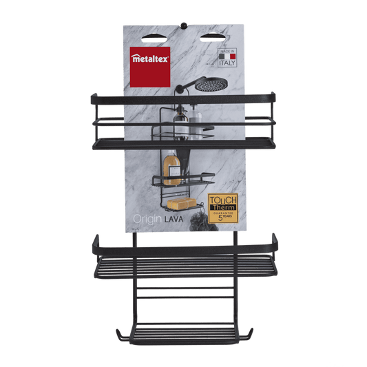 Metaltex Origin LAVA Supporto Doccia 3 Ripiani | Portaoggetti Bagno Nero Opaco | Rivestimento Touch-Therm Antiruggine | Gancio Girevole ed Estraibile | Made in Italy | 23x12x38/47 cm