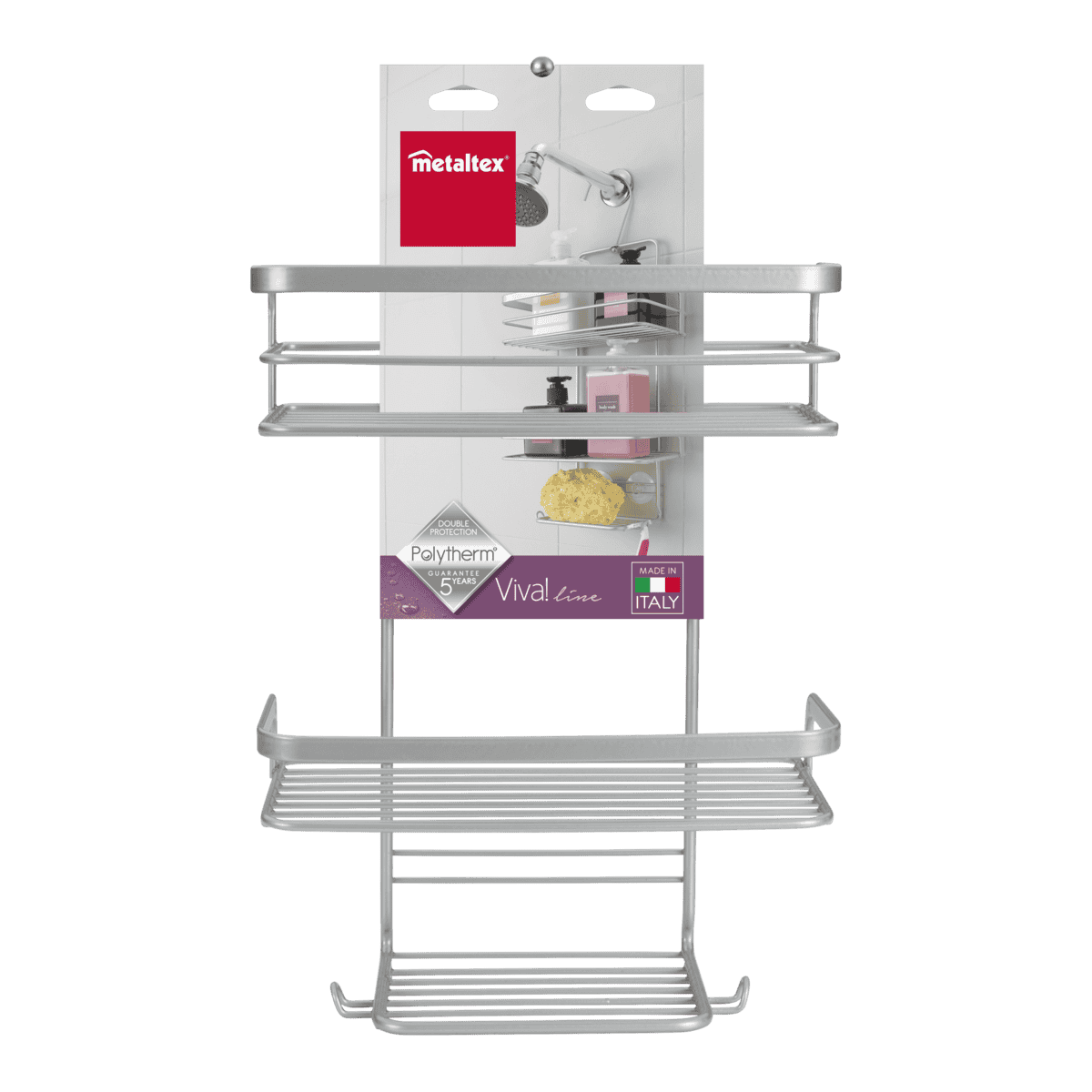 Metaltex Viva! Line Supporto Doccia Appendibile | Portaoggetti 2 Piani con Gancio Girevole ed Estraibile | Rivestimento Polytherm® Metallic Antiruggine | Made in Italy | 23x12x38/47 cm