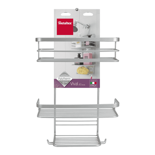 Metaltex Viva! Line Supporto Doccia Appendibile | Portaoggetti 2 Piani con Gancio Girevole ed Estraibile | Rivestimento Polytherm® Metallic Antiruggine | Made in Italy | 23x12x38/47 cm