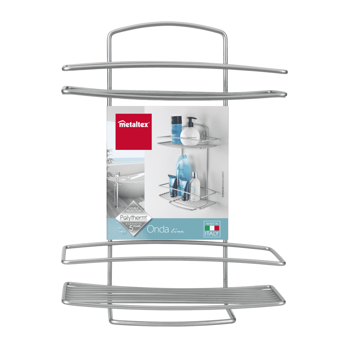 Metaltex Onda Line Mensola Rettangolare 2 Piani Filo di Ferro Polytherm® Metallic – Organizer Doccia Antiruggine ad Alta Aderenza Salvaspazio