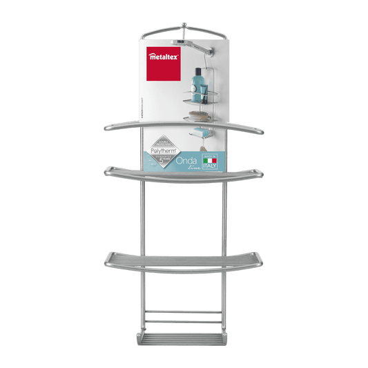 Metaltex Onda Line Supporto Doccia 3 Piani | Portaoggetti Bagno Appendibile con Gancio Girevole ed Estraibile | Rivestimento Polytherm® Metallic Antiruggine | Made in Italy | 18x11x39/48 cm