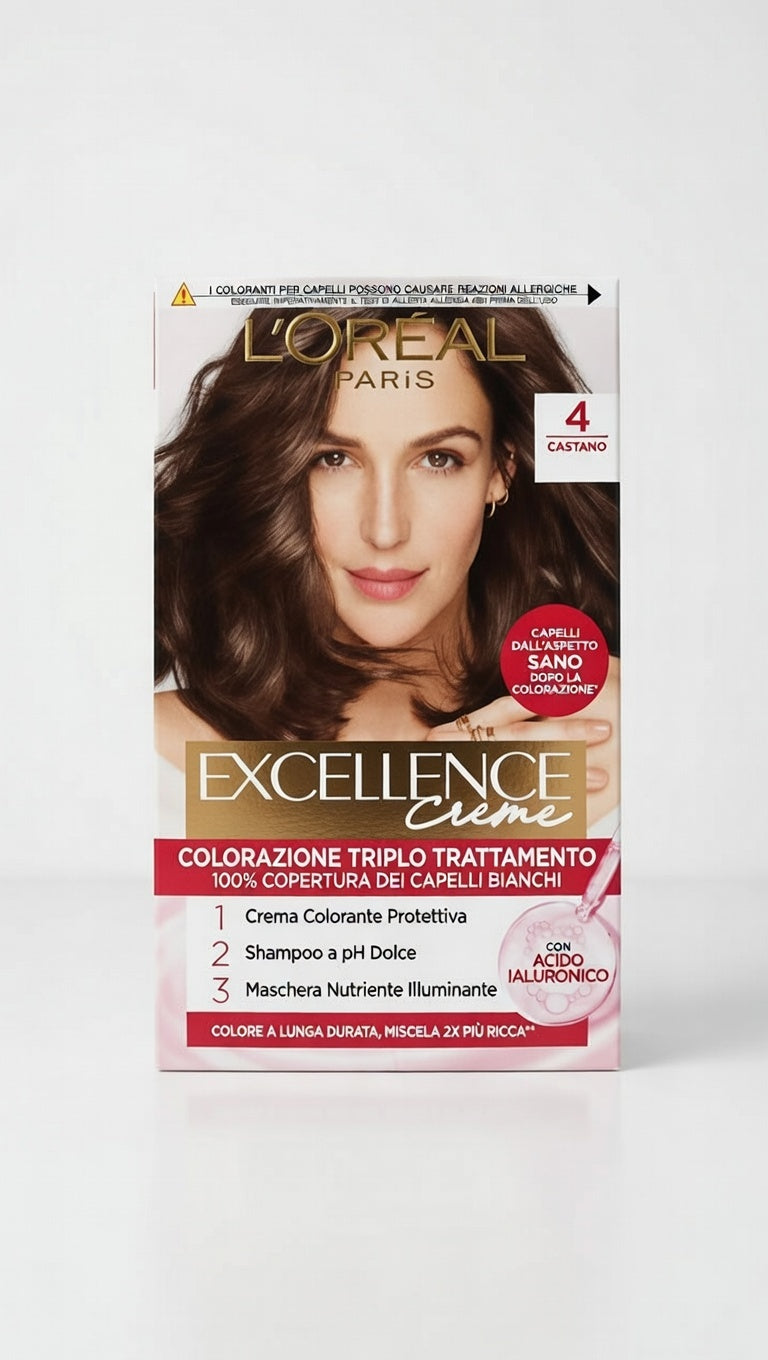 L'Oréal Paris Excellence Crème – Colorazione Permanente Triplo Trattamento con Acido Ialuronico – 100% Copertura Capelli Bianchi