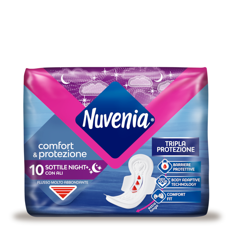 Nuvenia Sottile Night+ Assorbenti Notte con Ali | Tecnologia Max Cour-V™ | 10 Pezzi