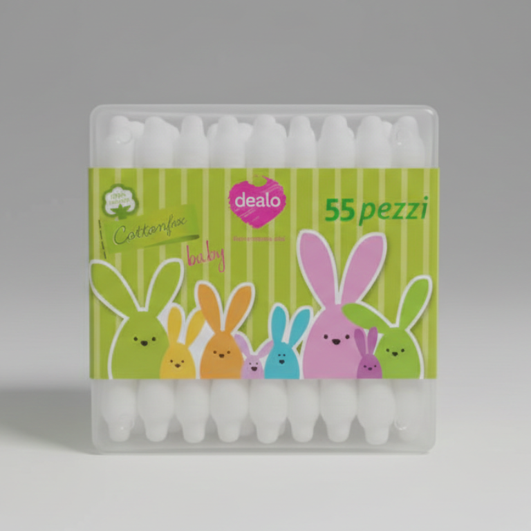 Dealo Cotton Fioc Baby – 55 Pezzi – Bastoncini Cotonati Biodegradabili con Protezione Sicura – 100% Cotone Idrofilo per Neonati e Bambini