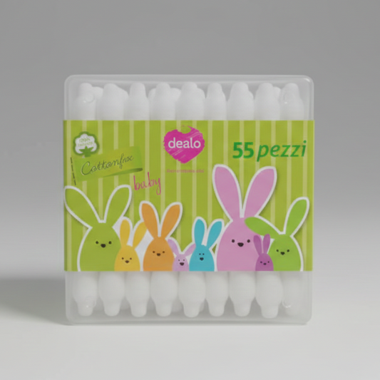 Dealo Cotton Fioc Baby – 55 Pezzi – Bastoncini Cotonati Biodegradabili con Protezione Sicura – 100% Cotone Idrofilo per Neonati e Bambini