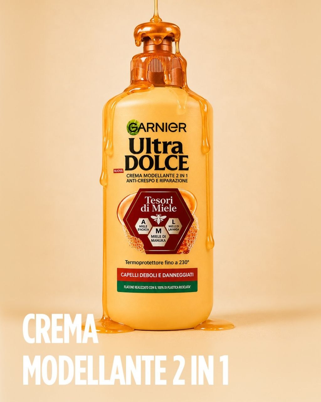Garnier Ultra Dolce Crema Modellante 2 in 1 Tesori di Miele (200ml) – Anti-Crespo e Riparazione con Mieli di Manuka, Acacia e Lavanda – Termoprotettore 230°C