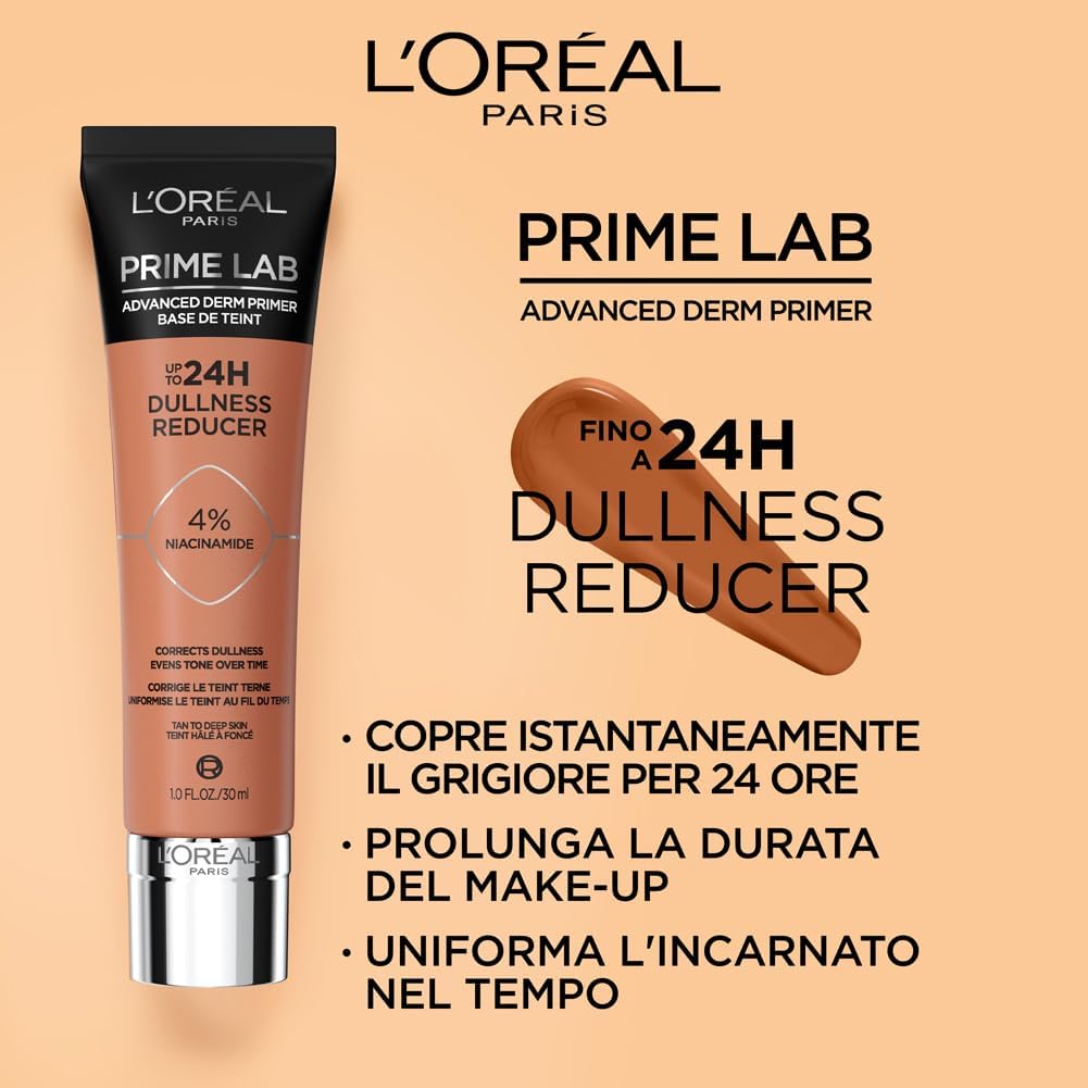 L'Oréal Paris Prime Lab 24H Dullness Reducer Primer – Base Trucco Illuminante Anti-Iperpigmentazione con 4% Niacinamide – Correzione Colorito Spento e Tonalità Terracotta per Carnagioni Scure, 30 ml