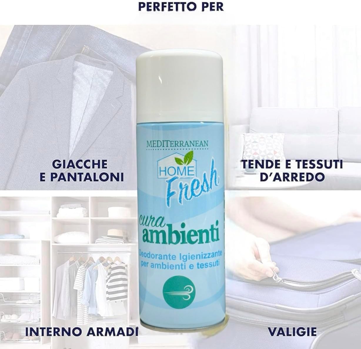 HOME PRO Mediterranean Deo Fresh Spray 400ml – Igienizzante Tessuti e Ambienti Assorbiodori Professionale (Seta e Lana Safe)
