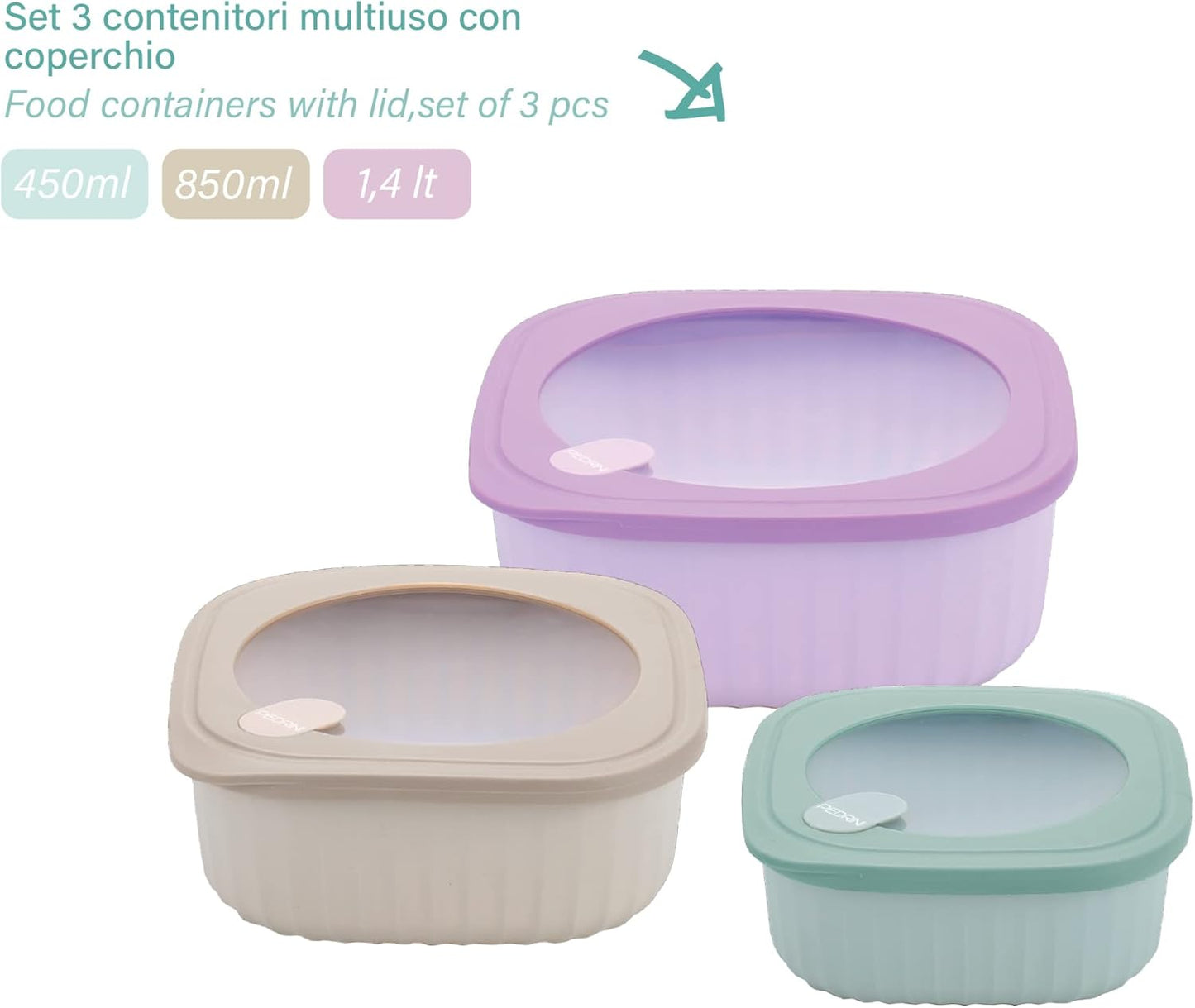 Pedrini Set 3 Contenitori Ermetici Multiuso con Coperchio | Lunchbox Quadrati per Frigo, Freezer e Microonde | Valvola di Sfogo Vapore | BPA Free | 450ml, 850ml, 1,4Lt