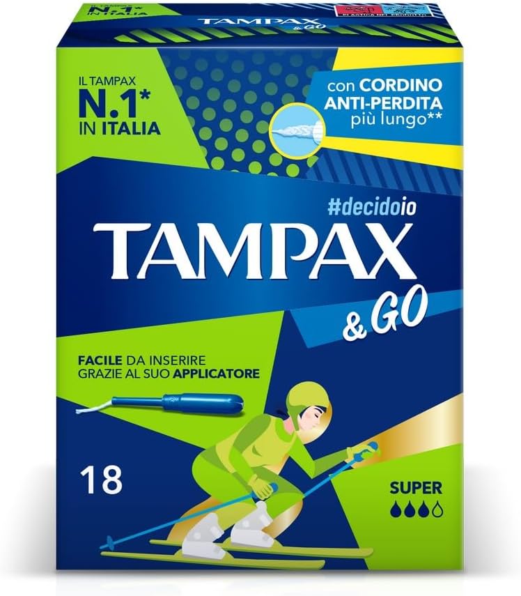 Tampax & Go Super 18 Assorbenti Interni con Applicatore in Plastica e Cordino Anti-perdita – Protezione Flusso Abbondante